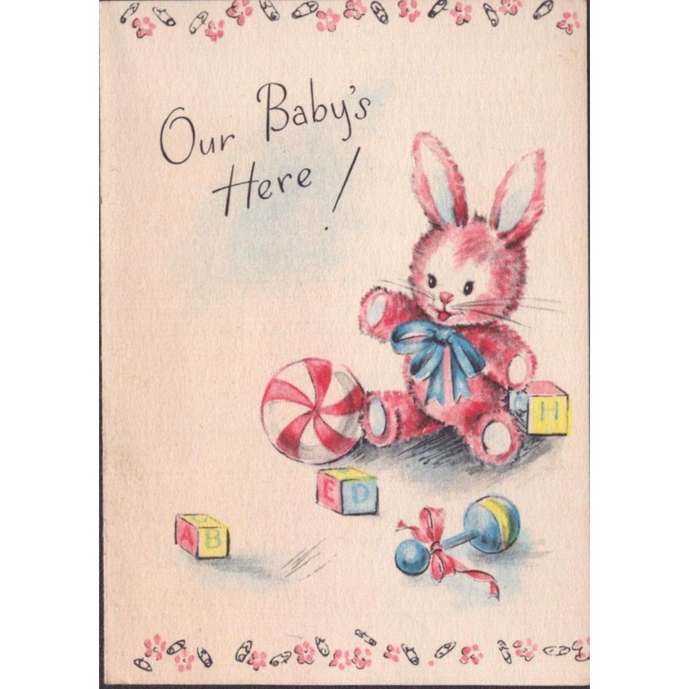 Vintage 1950s Hallmark Birth Announcement Card Pink Bunny Blocks Rattle